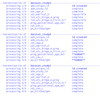 Subset of processing information printed in the console, including messages about errors in running individual algorithms.